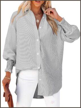 Striped Button Down Shirt Long Sleeve Smocked Cuffed Oversized Blouse